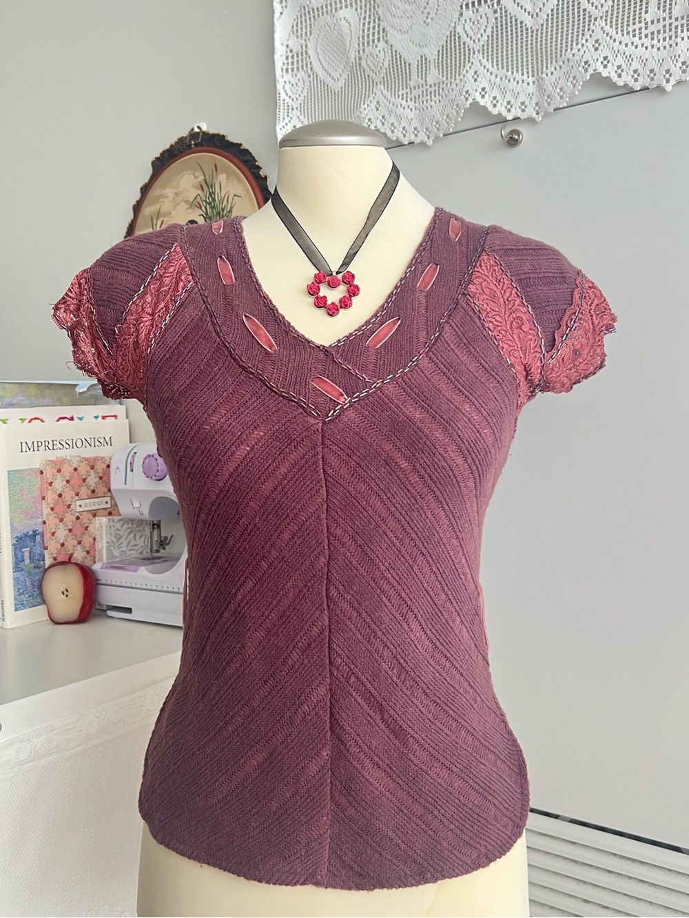 Y2K whimsygoth purple plum lace ribbon short sleeve blouse